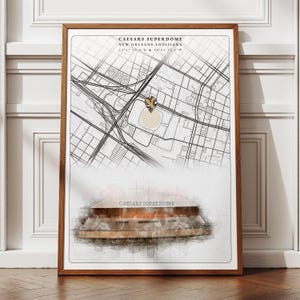 Poster du stade Caesars Superdome, cadeau de fan des Saints de la Nouvelle-Orléans pour lui elle, décoration des Saints de la NFL, art de la carte tendance noir et blanc de la Nouvelle-Orléans