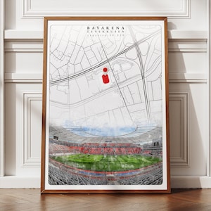 BayArena Stadion Poster, Bayer Leverkusen Fußball Kunstwerk, Coole Geschenkidee für Fußballfans, Digitale Karte Kunst für Spielzimmer Dekor
