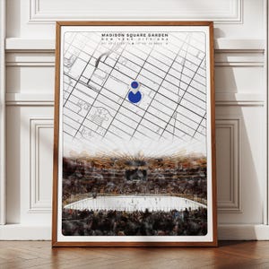 Póster del estadio Madison Square Garden, arte de hockey de los New York Rangers, decoración minimalista moderna de mediados de siglo, descarga digital, regalo para aficionados al deporte.