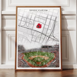 Arte do Busch Stadium, decoração exclusiva de mapa da MLB para sala de jogos, fãs digitais do St. Louis Cardinals, ideias exclusivas de presentes de beisebol para ele e ela