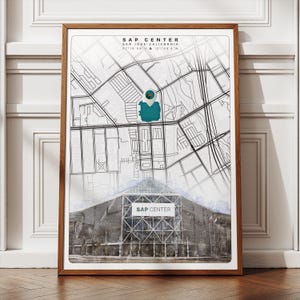 Pôster lendário do estádio San Jose Sharks, pôster com mapa de localização do SAP Center, arte esportiva moderna de meados do século, presentes para fãs de hóquei para ele e ela