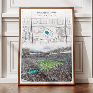 Hard Rock Stadium Art, Digital Miami Dolphins NFL Poster, Football Fan Gift for Him Her, Aesthetic Forida Map Wall Decor for Gaming Room
