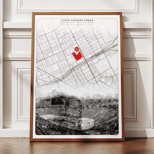 Pôster com mapa de localização da Little Caesars Arena, arte de hóquei do Detroit Red Wings, impressão digital do estádio, presente moderno de meados do século para ele e ela