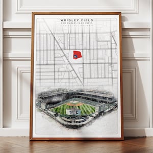 Wrigley Field-stadionkaart poster, zwart-wit Chicago Cubs sportmuurkunst, honkbal decor voor gaming kamer, uniek cadeau-idee voor hem/haar