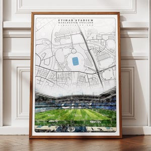 Legendarische Man City, Etihad Stadium voetbalposter, unieke voetbalkaart kunst aan de muur voor speelkamerinrichting, cool cadeau-idee voor vriend