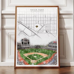 Arte do Petco Park, pôster minimalista de mapa do estádio da MLB para impressão de beisebol, decoração de sala de jogos moderna de meados do século, ideia de presente exclusiva para ele e ela