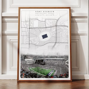 Affiche du stade AT&T, décoration numérique de football, art noir et blanc de la carte de la ville d'Arlington, idées cadeaux pour les fans des Cowboys de Dallas, décoration des amoureux de la NFL