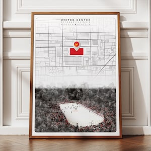 Legendäre Chicago Blackhawks Stadion Poster, United Center Lageplan Poster, Mitte des Jahrhunderts moderne Sportkunst, Hockey-Fan-Geschenke für Ihn Sie