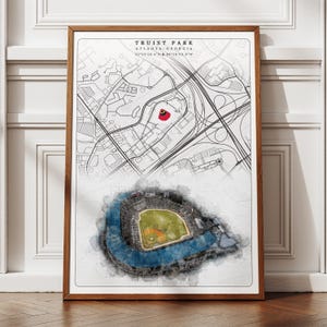 Truist Park Baseball Wall Art, Atlanta Braves MLB  Stadium Poster, Black and White Atlanta Map Art, Unique Decor for Interior Design