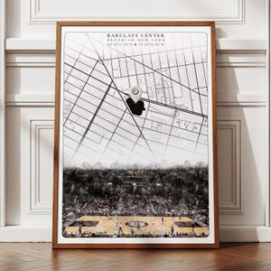 Art mural du Barclays Center Stadium, affiche de la NBA des Brooklyn Nets, cadeaux pour les fans de basket-ball, décoration murale carte de Brooklyn moderne Mid-Century