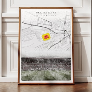 Manchester United Wall Art, Old Trafford Stadium Map Poster, Soccer Decor for Gaming Room & Man Cave, Football Fan Gift
