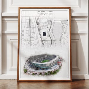 Soldier Field Stadium Poster, Chicago Bears Fan Gifts for Him Her, Mid Century Modern Football Art, Black and White Chicago Map Trending Art