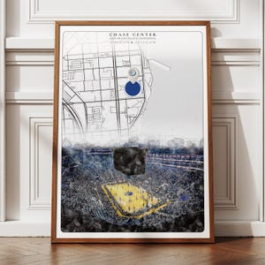 Póster del estadio de los Golden State Warriors, póster del Chase Center de la NBA, arte mural con el mapa de San Francisco, un regalo genial para los aficionados al baloncesto.