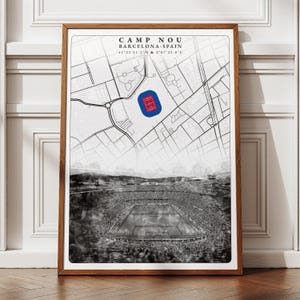 Camp Nou Stadion Karte Wandkunst, ästhetisches Fußball-Dekor für Männerhöhle & Gamerzimmer, Fußball-Geschenke für Sie und Ihn, moderne herunterladbare Kunst