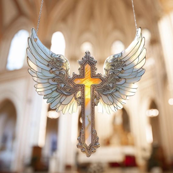 Angel Wing Cross Acrylic Suncatcher, Golden Faith Ornament, Christian Gift for Her, Guardian Angel Decor, Memorial Cross Window Art