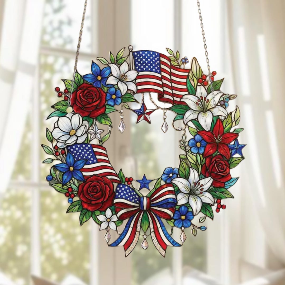 Patriotic Floral Wreath Suncatcher, American Flag Window Hanging, July ...