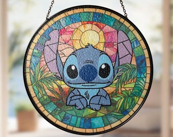Disney Stitch Glass Suncatcher, Disney Window Hanging Ornament, Cute Stitch Hanging Decoration, Disneyland Stained Glass Ornament