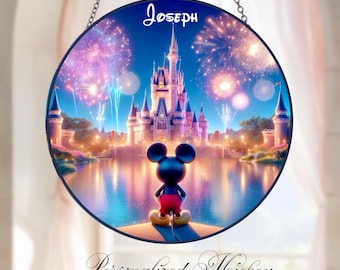 Personalized Mickey Mouse Castle Glass Suncatcher, Disney Castle Window Hanging, Magic Kingdom Home Decor, Fairytale Gift for Disney Lovers