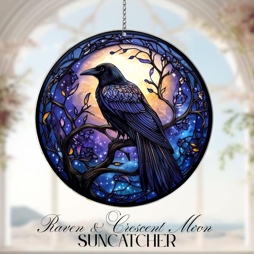 Raven Window Frame Raven & Crescent Moon Stained Glass Suncatcher, Gothic Night Sky Window ...