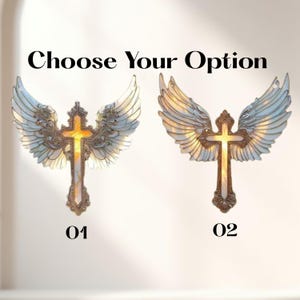 May include: Two decorative crosses with angel wings. The crosses are gold-colored with a cross-shaped design and are adorned with detailed, white and gold-colored wings. The text "Choose Your Option" is at the top, with the numbers "01" and "02" below each cross.