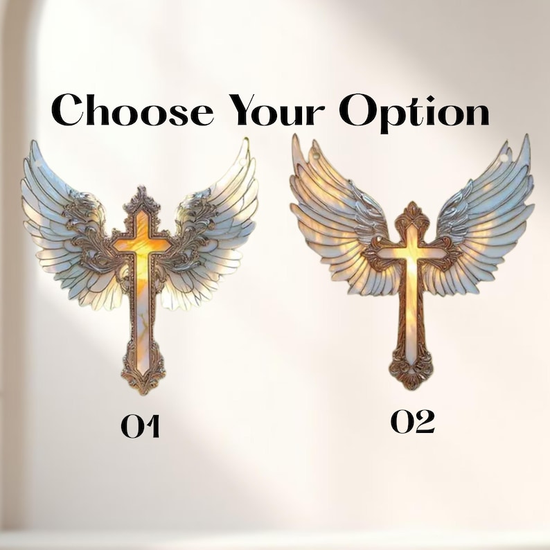 May include: Two decorative crosses with angel wings. The crosses are gold-colored with a cross-shaped design and are adorned with detailed, white and gold-colored wings. The text "Choose Your Option" is at the top, with the numbers "01" and "02" below each cross.
