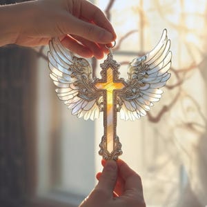 May include: A decorative cross with angel wings, held up to the light. The cross is gold-colored with a yellow center, and the wings are white and silver. The design is ornate and detailed, suitable for home decor.