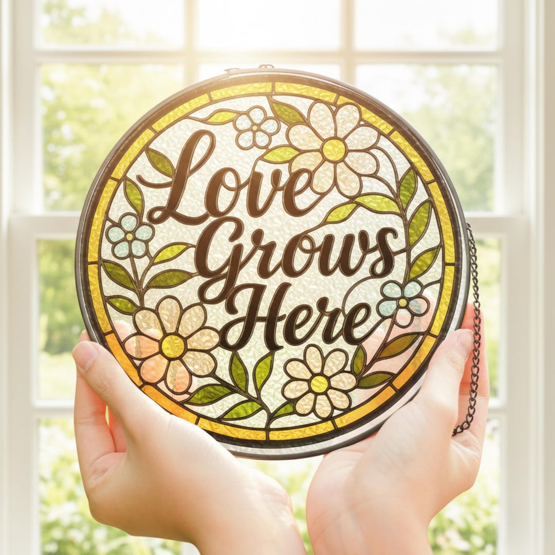 Love Grows Here Stained Glass Style Suncatcher, Custom Floral Garden ...
