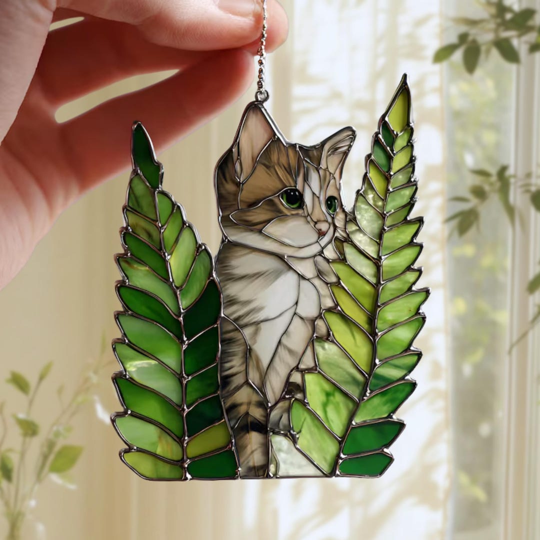 Custom Tabby Cat in Fern Leaves Suncatcher, Acrylic Window Hanging ...