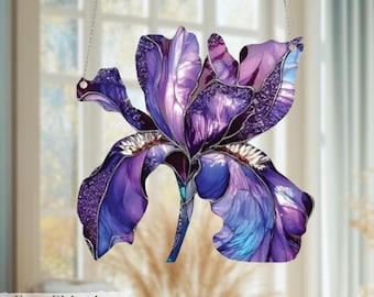 Purple Iris Flower Window Hanging, Acrylic Crystal Sun Catcher, Birthday Gift, February Birth Flower Ornament, Nature-Inspired Decor