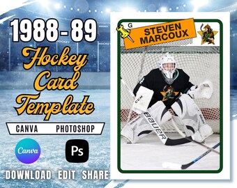 Plantilla de tarjeta de hockey retro / Diseño de chinchetas de 1988-89 (Canva y PSD)