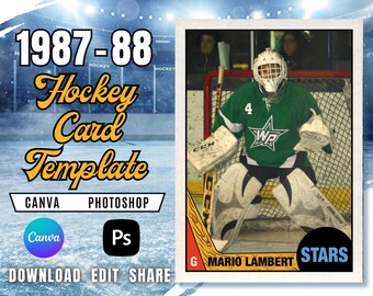 Plantilla de tarjeta de hockey 1987-88 / Diseño de veta de madera vintage (descarga en Canva y PSD)