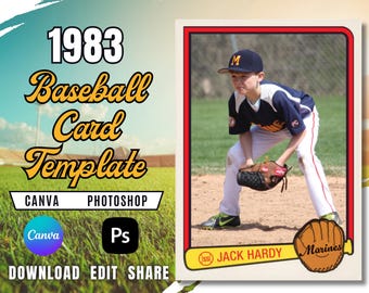Plantilla de tarjeta de béisbol de 1983 / Diseño deportivo retro (descarga en Canva y PSD)