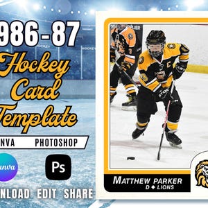 Op de afbeelding: Een hockeykaart sjabloon met de tekst "1986-87 Hockey Card Template". De kaart toont een hockeyspeler in een zwart en goud uniform. De kaart bevat ook de tekst "CANVA PHOTOSHOP" en de Canva- en Photoshop-logo's.