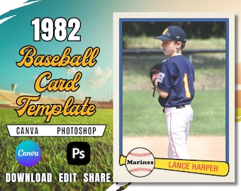 Plantilla de tarjeta de béisbol vintage de 1982 / Diseño deportivo retro (descarga en Canva y PSD)