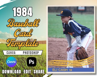 Plantilla de tarjeta de béisbol retro de 1984 / Diseño deportivo editable (Canva y PSD)