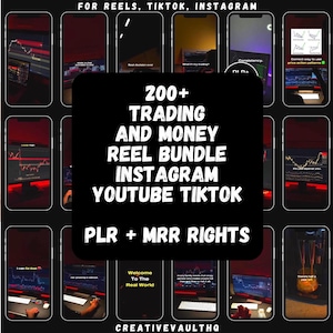 Puede incluir: Imagen promocional con múltiples pantallas de teléfonos inteligentes que muestran gráficos de trading y datos financieros. El texto central dice: "200+ TRADING AND MONEY REEL BUNDLE INSTAGRAM YOUTUBE TIKTOK PLR + MRR RIGHTS".