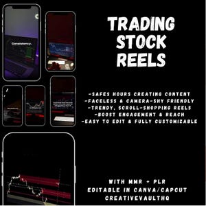 May include: Black graphic with the text "TRADING STOCK REELS" in white. The image includes mockups of smartphones displaying stock market data and the text "Consistency." Additional text highlights features like easy editing and customizable content.