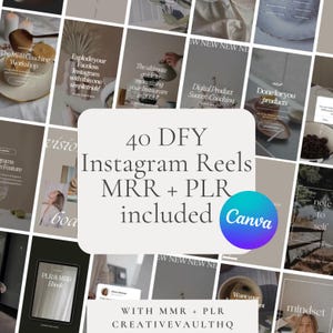 Könnte beinhalten: Werbebild mit Instagram Reels-Vorlagen. Der zentrale Text lautet "40 DFY Instagram Reels MRR + PLR included Canva." Die umgebenden Bilder zeigen Themen rund um digitales Produktcoaching und Workshops.