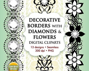 Decorative Borders with Diamonds & Flowers Clipart [Digital Download]
