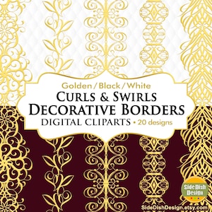 May include: A digital clipart set featuring golden decorative borders with curls and swirls. The designs include various ornate patterns against white and burgundy backgrounds. The text reads "Golden/Black/White CURLS & SWIRLS DECORATIVE BORDERS DIGITAL CLIPARTS - 20 designs."