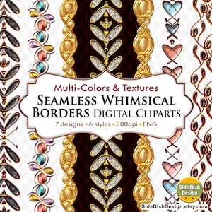 May include: Digital clipart featuring seamless whimsical borders in various styles. The image showcases ornate designs with gold, brown, and jewel-toned accents. The text reads "Multi-Colors & Textures" and "SEAMLESS WHIMSICAL BORDERS DIGITAL CLIPARTS".