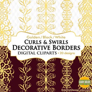 Decorative Borders Digital Cliparts; Curls&Swirls Decorative Borders in Golden/Black/White Colors; Decorative Elements; Background Patterns