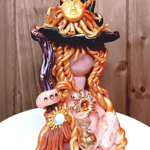 Sun Witch Figurine with Sunstone | Handmade Witch Sculpture | Polymer Clay Witch Hat | Summer Witch | Lughnasadh Altar