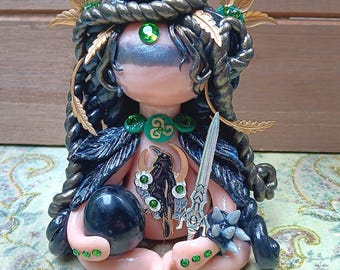 Morrigan Goddess Figurine with Obsidian Crow Totem - Crystal Clay Goddess Sculpture - Wiccan Alter Decor - Pagan Home Gifts