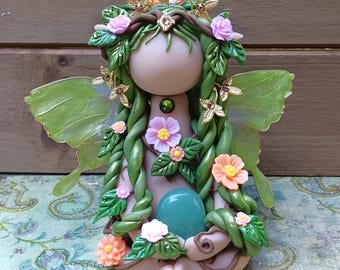 Forest Fairy Goddess Statue, Woodland Pixie, Fae Figurine with Aventurine Crystal, Nature Altar Decor