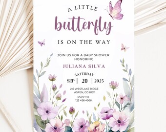 Purple Butterfly Baby Shower Invitation Girl Purple Floral Baby Shower Invite Template Little Butterfly Baby Shower Printable Download Canva