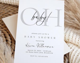 Minimalistic Invite Oh Baby Shower Invitation Template | Modern Gender Neutral Baby Shower Invite | Black & White Elegant Baby Shower