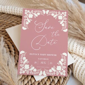 Cielito Lindo Baby Shower Girl Floral Save the Date Blush Pink Talavera Mexican Baby in Bloom Baby Shower Invitation Editable Canva Template