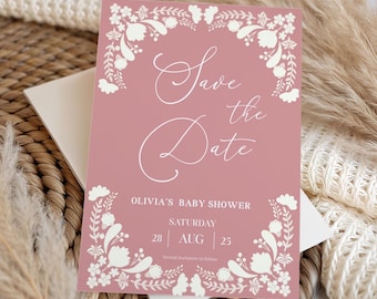 Cielito Lindo babyshower meisje bloemen Save the Date Blush roze Talavera Mexicaanse baby in bloei babyshower uitnodiging bewerkbare canvassjabloon