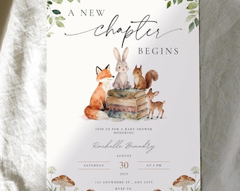 Editable A New Chapter Begins Storybook Baby Shower Invitation, Woodland Baby Shower Invite, Woodland Theme Invites, Canva Template